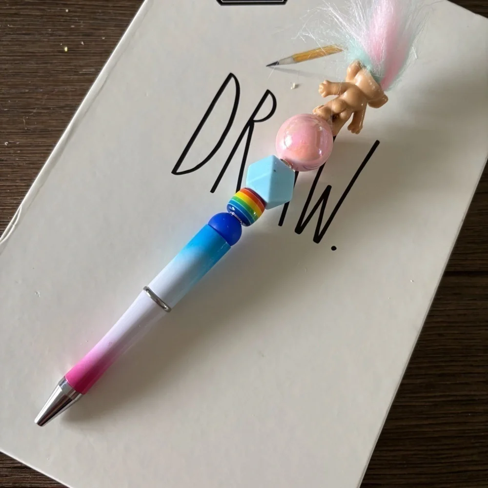 Blue & Pink Troll Doll handmade beaded Pen